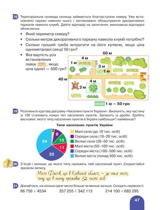 47
	 Територіальна громада селища займається благоустроєм скверу. Уже вста-
новлено паркан навколо нього і заплановано облаштування декоративних
парканів навколо клумб. Дайте відповіді на запитання, виконавши відповдіні
обчислення.
•	 Який периметр скверу?
•	 Скільки метрів декоративного паркану навколо клумб потрібно?
•	
Скільки грошей треба витратити на його купівлю, якщо ціна
однометрової секції 50 грн?
•	
Яка вартість усіх
встановлених
лавок
4
м
1
м
3
м
4
м
2
м
60
м
40
м
, якщо
ціна однієї — 500 грн?
18
4 м
1 м
3 м
4 м
2 м
60 м
40 м
1 м — 50 грн
1 м
	 Розгляньте кругову діаграму «Населені пункти України». Визначіть, яку частину
зі 100 становить кожен тип населених пунктів. Запишіть ці дроби. Зробіть
висновки: якого типу населених пунктів в Україні найбільше? найменше?
	 З’ясуй і запиши, до якого типу належить твій населений пункт. Скористайся
зразком запису.
Місто Фастів, що в Київській області, — це мале місто,
тому що в ньому проживає 52 тисячі осіб.
	 Дізнайтеся, на скільки одне число більше чи менше за інше. Складіть нерівності.
86 756 і 4534	 357 255 і 342 113		 214 100 і 685 295
19
Типи населених пунктів України
Малі села (до 10 тис. осіб)
Середні села (10–20 тис. осіб)
Малі міста (50–100 тис. осіб)
Великі міста (понад 500 тис. осіб)
Середні міста (100–500 тис. осіб)
Великі села (20–50 тис. осіб)
2
8
13
34
32
11
20
21
 