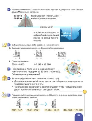 51
	 Розгляньте малюнок. Обчисліть письмово відстань від вершини гори Еверест
до дна Маріанської западини.
	 Вибери посильне для себе завдання і виконай його.
А.	Виконай письмово обчислення. Скористайся підказками.
+
5847
+
24842
+
173845
3594 39459 261592
***1 ***** ***** *
Б.	Обчисли письмово.
6281 + 8453	 87 249 + 19 566
	 Герой роману Жуля Верна мав здійснити
навколосвітню подорож за 80 днів (тобто діб).
Скільки це часу в годинах?
	 Запиши цифрами числа та знайди письмово їх суму.
•	
Двадцять три тисячі вісімсот сорок шість і тридцять чотири тися-
чі шістсот дев’яносто п’ять.
•	
Триста сорок одна тисяча двісті п’ятдесят п’ять і чотириста вісім-
десят три тисячі дев’ятсот шістдесят вісім.
	 Прокоментуйте послідовне обчислення. Обчисліть значення виразів на відні-
мання, поданих під зразком.
–
893
–
893
–
893
238 238 238
5 55 655
782 – 347	 3542 – 2621	 18 544 – 2613	 344 683 – 122 529
5
Гора Еверест (Непал, Азія) —
найвища точка планети.
Маріанська западина —
найглибший океанічний
жолоб на заході Тихого
океану.
висота
8848 м
глибина
10 994 м
рівень моря
6
1 1 1 1 1 1 1
7
80
днів
8
9
⋅ 10 ⋅ 10 ⋅ 10
 