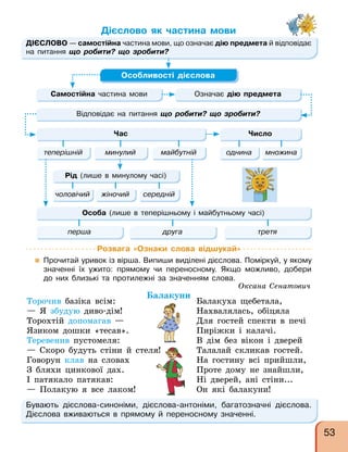 Дієслово як частина мови
Самостійна частина мови Означає дію предмета
Особливості дієслова
Відповідає на питання що робити? що зробити?
ДІЄСЛОВО — самостійна частина мови, що означає дію предмета й відповідає
на питання що робити? що зробити?
Час Число
теперішній однина
минулий множина
майбутній
Особа (лише в теперішньому і майбутньому часі)
перша друга третя
Рід (лише в минулому часі)
чоловічий жіночий середній
Розвага «Ознаки слова відшукай»
 Прочитай уривок із вірша. Випиши виділені дієслова. Поміркуй, у якому
значенні їх ужито: прямому чи переносному. Якщо можливо, добери
до них близькі та протилежні за значенням слова.
Оксана Сенатович
Балакуни
Торочив базіка всім:
— Я збудую диво-дім!
Торохтій допомагав —
Язиком дошки «тесав».
Теревенив пустомеля:
— Скоро будуть стіни й стеля!
Говорун клав на словах
З бляхи цинкової дах.
І патякало патякав:
— Полакую я все лаком!
Бувають дієслова-синоніми, дієслова-антоніми, багатозначні дієслова.
Дієслова вживаються в прямому й переносному значенні.
— Скоро будуть стіни й стеля!
Балакуха щебетала,
Нахвалялась, обіцяла
Для гостей спекти в печі
Пиріжки і калачі.
В дім без вікон і дверей
Талалай скликав гостей.
На гостину всі прийшли,
Проте дому не знайшли,
Ні дверей, ані стіни...
Он які балакуни!
53
 