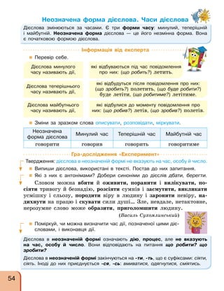 Неозначена форма дієслова. Часи дієслова
Дієслова змінюються за часами. Є три форми часу: минулий, теперішній
і майбутній. Неозначена форма дієслова — це його незмінна форма. Вона
є початковою формою дієслова.
Дієслова в неозначеній формі означають дію, процес, але не вказують
на час, особу й число. Вони відповідають на питання що робити? що
зробити?
Дієслова в неозначеній формі закінчуються на -ти, -ть, що є суфіксами: сіяти,
сіять. Іноді до них приєднується -ся, -сь: вмиватися, одягнутися, сміятись.
Дієслова минулого
часу називають дії,
які відбуваються під час повідомлення
про них: (що робить?) летить.
Дієслова теперішнього
часу називають дії,
які відбудуться після повідомлення про них:
(що зробить?) полетить, (що буде робити?)
буде летіти, (що робитиме?) летітиме.
Дієслова майбутнього
часу називають дії,
які відбулися до моменту повідомлення про
них: (що робив?) летів, (що зробив?) полетів.
Інформація від експерта
 Перевір себе.
 Зміни за зразком слова описувати, розповідати, міркувати.
Неозначена
форма дієслова
Минулий час Теперішній час Майбутній час
говорити говорив говорить говоритиме
Гра-дослідження «Експеримент»
Твердження: дієслова в неозначеній формі не вказують на час, особу й число.
 Випиши дієслова, використані в тексті. Постав до них запитання.
 Які з них є антонімами? Добери синоніми до дієслів дбати, берегти.
Словом можна вбити й оживити, поранити і вилікувати, по-
сіяти тривогу й безнадію, розсіяти сумнів і засмутити, викликати
усмішку і сльозу, породити віру в людину і заронити невіру, на-
дихнути на працю і скувати сили душі… Зле, невдале, нетактовне,
нерозумне слово може образити, приголомшити людину.
(Василь Сухомлинський)
 Поміркуй, чи можна визначити час дії, позначеної цими діє-
словами, і виконавця дії.
54
 