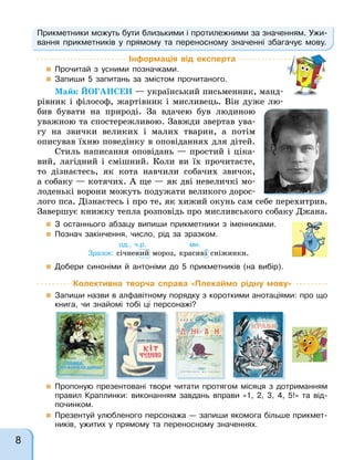 Прикметники можуть бути близькими і протилежними за значенням. Ужи-
вання прикметників у прямому та переносному значенні збагачує мову.
Інформація від експерта
 Прочитай з усними позначками.
 Запиши 5 запитань за змістом прочитаного.
Майк ЙОГАНСЕН — український письменник, манд-
рівник і філософ, жартівник і мисливець. Він дуже лю-
бив бувати на природі. За вдачею був людиною
уважною та спостережливою. Завжди звертав ува-
гу на звички великих і малих тварин, а потім
описував їхню поведінку в оповіданнях для дітей.
Стиль написання оповідань — простий і ціка-
вий, лагідний і смішний. Коли ви їх прочитаєте,
то дізнаєтесь, як кота навчили собачих звичок,
а собаку — котячих. А ще — як дві невеличкі мо-
лоденькі ворони можуть подужати великого дорос-
лого пса. Дізнаєтесь і про те, як хижий окунь сам себе перехитрив.
Завершує книжку тепла розповідь про мисливського собаку Джана.
 З останнього абзацу випиши прикметники з іменниками.
 Познач закінчення, число, рід за зразком.
 Добери синоніми й антоніми до 5 прикметників (на вибір).
Зразок: січневий мороз, красиві сніжинки.
од., ч.р. мн.
Колективна творча справа «Плекаймо рідну мову»
 Запиши назви в алфавітному порядку з короткими анотаціями: про що
книга, чи знайомі тобі ці персонажі?
 Пропоную презентовані твори читати протягом місяця з дотриманням
правил Краплинки: виконанням завдань вправи «1, 2, 3, 4, 5!» та від-
починком.
 Презентуй улюбленого персонажа — запиши якомога більше прикмет-
ників, ужитих у прямому та переносному значеннях.
8
 