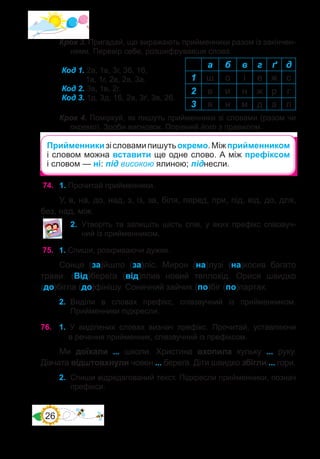 26
а б в г ґ д
1 ш о і е ж с
2 в и н ж р г
3 я н м д а л
Код 1. 2а, 1в, 3г, 3б, 1б,
1а, 1г, 2в, 2в, 3а.
Код 2. 3в, 1в, 2г.
Код 3. 1д, 3д, 1б, 2а, 3ґ, 3в, 2б.
Крок 4. Поміркуй, як пишуть прийменники зі словами (разом чи
окремо). Зроби висновок. Порівняй його з правилом.
74.	 1. Прочитай прийменники.
У, в, на, до, над, з, із, за, біля, перед, при, під, від, до, для,
без, над, між.
2.	 Утворіть та запишіть шість слів, у яких префікс співзвуч-
ний із прийменником.
76.	 1. У виділених словах визнач префікс. Прочитай, уставляючи
в речення прийменник, співзвучний із префіксом.
Ми доїхали ... школи. Христина вхопила кульку ... руку.
Дівчата відштовхнули човен ... берега. Діти швидко збігли ... гори.
2.	 Спиши відредагований текст. Підкресли прийменники, познач
префікси.
Прийменникизісловамипишутьокремо.Міжприйменником
і словом можна вставити ще одне слово. А між префіксом
і словом — ні: під високою ялиною; піднесли.
75.	 1. Спиши, розкриваючи дужки.
Сонце (за)йшло (за)ліс. Мирон (на)лузі (на)косив багато
трави. (Від)берега (від)плив новий теплохід. Орися швидко
(до)бігла (до)фінішу. Сонячний зайчик (по)біг (по)партах.
2.	 Виділи в словах префікс, співзвучний із прийменником.
Прийменники підкресли.
Крок 3. Пригадай, що виражають прийменники разом із закінчен-
нями. Перевір себе, розшифрувавши слова.
 