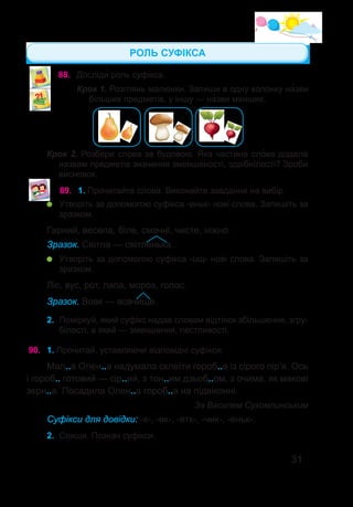 31
89.	 1. Прочитайте слова. Виконайте завдання на вибір.
	 Утворіть за допомогою суфікса -еньк- нові слова. Запишіть за
зразком.
Гарний, весела, біле, смачні, чисте, ніжно.
Зразок. Світла — світленька.
	 Утворіть за допомогою суфікса -ищ- нові слова. Запишіть за
зразком.
Ліс, вус, рот, лапа, мороз, голос.
Зразок. Вовк — вовчище.
2.	 Поміркуй, який суфікс надав словам відтінок збільшення, згру-
білості, а який — зменшення, пестливості.
88.	 Досліди� роль суфікса.
Крок 1. Розглянь малюнки. Запиши в одну колонку на�зви
більших предметів, у іншу — на�зви менших.
Крок 2. Розбери слова за будовою. Яка частина сло�ва додала
назвам предметів значення зменшеності, здрібнілості? Зроби
висновок.
РОЛЬ СУФІКСА
90.	 1. Прочитай, уставляючи відповідні суфікси.
Мал..а Олен..а надумала склеїти гороб..а із сірого пір’я. Ось
і гороб.. готовий — сір..ий, з тон..им дзьоб..ом, з очима, як макові
зерн..а. Посадила Олен..а гороб..а на підвіконні.
За Василем Сухомлинським
Суфікси для довідки: -к-, -ик-, -ятк-, -чик-, -еньк-.
2.	 Спиши. Познач суфікси.
 
