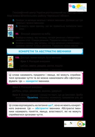 35
3.	 Доведіть одне одному, що ви правильно виписали імен-
ники.
99.	 Виконай завдання на вибір.
	 Знайди в книжці, яку читаєш, чотири речення з іменниками —
назвами істот. Спиши речення. Підкресли на�зви істот.
	 Знайди в книжці, яку читаєш, чотири речення з іменниками —
назвами неістот. Спиши речення. Підкресли на�зви неістот.
100.	Досліди�, якими можуть бути іменники.
Крок 1. Розгадай анаграми.
цеСон, аватр, ревдеа, ахпти, кошла.
Крок 2. Доведи, що подані слова — іменники.
Географічний центр України розташований на території села
Мар’янівка Шполянського району Черкаської області.
2.	 Знайди та випиши загальні / власні іменники. Допиши ще три
загальні / власні іменники.
Крок 3. Розгадай анаграми.
дісРать, спіух, ремпегао, анзнян, удмріьст.
Крок 4. Доведи сусідові / сусідці по парті, що це іменники. Зроби
висновок. Примітка. Науковці називають предметом усе, до
чого можна поставити питання хто? що?
Ці слова називають предмети і явища, які можуть сприйма-
тися органами чуття та які можна намалювати або сфотогра-
фувати. Це — конкретні іменники.
Ці слова відповідають на питання що?, хоча не мають конкрет-
ного значення. Це — абстрактні іменники. Абстрактні імен-
ники називають поняття, явища, властивості, які не можуть
сприйматися органами чуття.
КОНКРЕТНІ ТА АБСТРАКТНІ ІМЕННИКИ
 