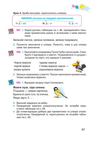 67
ОДНИНА (основа на твердий приголосний)
Ж. р.: -а С. р.: -е
Ч. р.: -ий
191.	1. Користуючись таблицею на с. 66, провідміняйте пись-
мово прикметники разом зі зв’язаними з ними іменни-
ками.
Зелений листок, зелена галявина, зелене покривало.
2.	 Позначте закінчення в словах. Поясніть, чому в цих словах
саме такі закінчення.
192.	1. Прочитайте скоромовку Ганни Чубач кілька разів. Спро-
буйте її відтворити з пам’яті. Позмагайтеся із сусідом /
сусідкою по парті, хто швидше її розкаже.
Чорна ворона
чорній вороні
вчора купила
чудову корону.
І тепер ворона чорна —
коронована ворона.
193.	1. Відгадай загадку Ігоря Голомозого.
Жовте пузо, сіра спинка.
Пташеня — немов картинка.
Крихти й сало їсть та птичка.
Люди звуть її ... .
2.	 Виконай завдання на вибір.
	 Провідміняй виділені словосполучення. За потреби кори-
стуйся таблицею на с. 66.
	 До слова-відгадки добери два прикметники та утвори слово-
сполучення. Провідміняй їх, користуючись за потреби табли-
цею на с. 66.
2.	 Запиши скоромовку з пам’яті. Познач закінчення прикметників.
Укажи скорочено відмінок.
Крок 4. Зроби висновок, користуючись схемою.
 