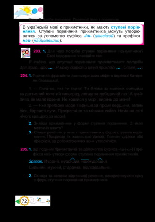 72
В українській мові є прикметники, які мають ступені порів-
няння. Ступені порівняння прикметників можуть утворю-
ватися за допомогою суфікса -іш- (цікавіший) та префікса
най- (найцікавіший).
203.	1. Для чого потрібні ступені порівняння прикметників?
Свої міркування починайте так:
Я гадаю, що ступені порівняння прикметників потрібні  
для того, щоб … . Я можу довести це на прикладі … . Отже, … .
204.	1. Прочитай фрагменти давньогрецьких міфів в переказі Катери-
ни Гловацької.
1. — Галатеє, яка ти гарна! Ти біліша за молоко, солодша
за достиглий золотий виноград, легша за лебедячий пух. А грай-
лива, як мале козеня. Не ховайся у морі, виринь до мене!
2. — Яке прегарне море! Гарніше за гірські вершини, зелені
ліси, барвисті луги. Прекрасніше за місячне сяйво. Нема на світі
нічого кращого за море!
2. Знайди прикметники у формі ступенів порівняння. З якою
метою їх вжито?
3. Спиши речення, у яких є прикметники у формі ступенів порів-
няння. Підкресли їх хвилястою лінією. Познач суфікси або
префікси, за допомогою яких вони утворилися.
205.	1. Від поданих прикметників за допомогою суфікса -іш-(-ш-) і пре-
фікса най- утвори форми ступенів порівняння прикметників.
Зразок. Мудрий, мудріший, наймудріший.
Сильний, мужній, старанна, відповідальна.
2. Склади та запиши жартівливі речення, використовуючи одну
з форм ступенів порівняння прикметників.
Крок 3. Зроби висновок. Порівняй його з правилом.
 