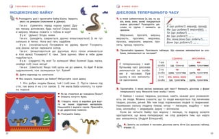 33
32
В Ч И М О М О В У
Г О В О Р И М О І С Л У Х А Є М О
ДІЄСЛОВА ТЕПЕРІШНЬОГО ЧАСУ
ІНСЦЕНІЗУЄМО БАЙКУ
3. Прочитайте. З якою метою написано цей текст? Випишіть дієслова у  формі
теперішнього часу. Визначте їхню особу і число.
У байках і казках тварини, рослини, навіть неживі речі розмовля-
ють, як люди. Можна сказати, що то люди маскуються під личинами
тварин, рослин, речей. Ми теж іноді порівнюємо людей із тваринами.
Називаємо сильну людину левом, хитру — лисицею, жадібну — вов-
ком, незграбну — ведмедем, дурну — віслюком.
Коли ви читаєте байку про ворону і лисицю, то відразу можете
здогадатися, що вона попереджує: не слід довіряти тим, що надто
вас вихваляють (Андрій Білецький).
4. Змініть за особами й числами дієслова жити, бігти (за зразком таблиці,
вправа 2).
1. Розподіліть ролі і прочитайте байку Езопа. Зверніть
увагу на ремарки (пояснення в дужках).
Ї ж а к : (тремтить перед норою вужа) Дру-
же, прошу, допоможи, будь ласка! Скоро зима,
я мерзну. Можна пожити з тобою в норі?
В у ж : (думає) Згода, живи.
Ї ж а к : (заходить, озирається, зручно влаштовується) О, як тут
затишно й тепло. Ноги мої геть задубіли.
В у ж : (посміхається) Почувайся як удома, брате! Тіснувато,
але разом легше пережити холод.
Ї ж а к : (влаштовується ще зручніше, його голки впиваються
в тіло вужа) Тіснувато? Є таке. Зате зручно. Мені в тебе дуже
подобається.
В у ж : (сердито) Ну, все! Ти колешся! Мені боляче! Будь ласка,
знайди собі інше місце!
Ї ж а к : (сміється) Якщо тобі щось не до шмиги, то йди! Я всім
задоволений, тож залишаюся тут. Бувай!
2. Дайте відповіді на запитання.
! Яка мораль підходить до байки? Обґрунтуйте свою думку.
1. Хто добра людям бажає, той і собі має. 2. Пусти свиню під
стіл, так вона й на стіл залізе. 3. Не мала баба клопоту, та купи-
ла порося.
! Як ви ставитеся до поведінки Їжака?
! Опишіть почуття Вужа.
3. Створіть театр із коробки для взут-
тя чи інших підручних матеріалів.
Намалюйте і виріжте героїв. Приклейте
їх до дерев’яних паличок.
4. Розіграйте байку.
1. Із яким займенником (я, ми, ти, ви,
він, вона, воно, вони) поєднується
кожне дієслово? Розподіліть діє-
слова по групах і напишіть за
зразком.
Мерзнемо, просите, мерзну,
мерзнуть, просимо, мерзнеш,
просиш, мерзнете, мерзне, про-
сить, прошу, просять.
Я (що роблю?) мерзн у , прош у.
Ми (що робимо?) мерзн емо , …
Ти (що робиш?) …, …
Ви (що робите?) …, …
Він, вона, воно (що робить?)…, …
Вони (що роблять?) …, …
2. Прочитайте правило. Розгляньте таблицю. Що означає змінюватися за осо-
бами, змінюватися за числами?
Однина Множина
1-ша
особа
я
іду, тремчу
ми
ідемо, тремтимо
2-га
особа
ти
ідеш, тремтиш
ви
ідете, тремтите
3-тя
особа
він, вона, воно
іде, тремтить
вони
ідуть, тремтять
У теперішньому і май-
бутньому часі дієслова
змінюються за особа-
ми й числами. При
цьому в них змінюєть-
ся закінчення.
 
