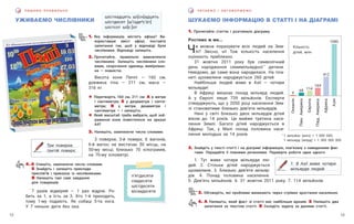 13
12
П И Ш Е М О П Р А В И Л Ь Н О Ч И ТА Є М О І О Б Г О В О Р Ю Є М О
УЖИВАЄМО ЧИСЛІВНИКИ ШУКАЄМО ІНФОРМАЦІЮ В СТАТТІ І НА ДІАГРАМІ
4. А Спишіть, замінюючи числа словами.
Б Знайдіть і запишіть приклади
прислів’їв і приказок із числівниками.
В Напишіть такі самі завдання
для товаришів.
7 разів відміряй — 1 раз відріж. Ро-
бить за 1, а їсть за 3. Хто 1-й приходить,
тому 1-му подають. Як собаці 5-та нога.
У 7 няньок дитя без ока.
1. Яку інформацію містить афіша? Ви-
користавши зміст афіші, поставте
запитання так, щоб у відповіді були
числівники. Відповіді запишіть.
2. Прочитайте, правильно вимовляючи
числівники. Запишіть числівники сло-
вами, скорочення одиниць вимірюван-
ня — повністю.
Висота коня Пеппі — 160 см,
довжина тіла — 211 см, маса —
316 кг.
! Перетворіть 160 см, 211 см: А в метри
і сантиметри; Б у дециметри і санти-
метри; В у метри, дециметри і
сантиметри — і запишіть.
! Який масштаб треба вибрати, щоб зоб-
раження коня помістилося на аркуші
А4?
3. Напишіть, замінюючи числа словами.
3 поверхи, 3-й поверх; 6 вагонів,
6-й вагон; не вистачає 50 місць, на
50-му місці; близько 70 кілограмів,
на 70-му кілометрі.
1. В Азії живе чотири
мільярди людей.
Три поверхи,
третій поверх;
п’ятдесяти
сімдесяти
шістдесяти
вісімдесяти
2. Знайдіть у тексті статті і на діаграмі інформацію, пов’язану з наведеними фак-
тами. Передайте її повними реченнями. Перевірте роботи одне одного.
1. Тут живе чотири мільярди лю-
дей. 2. Стільки дітей народжується
щохвилини. 3. Близько дев’яти мільяр-
дів. 4. Понад половина населення.
5. Дев’ять мільйонів. 6. 31 жовтня 2011 року. 7. 114 мільйонів.
*
 1 мільйон (млн) = 1 000 000;
1 мільярд (млрд) = 1 000 000 000  
Океанія
Півн.
Америка
Європа
Півд.
Америка
Африка
Азія
9
68 114
164
412
1080
Кількість
дітей, млн
1. Прочитайте статтю і розгляньте діаграму.
Ростемо ж ми...
Чи можна порахувати всіх людей на Зем-
лі? Звісно, ні! Тож кількість населення
оцінюють приблизно.
31 жовтня 2011 року був символічний
день народження семимільярдної *
дитини.
Невідомо, де саме вона народилася. На пла-
неті щохвилини народжується 260 дітей.
Найбільше людей живе в Азії — чотири
мільярди!
В Африці мешкає понад мільярд людей.
А  у Європі лише 739 мільйонів. Експерти
стверджують, що у 2050 році населення Зем-
лі становитиме близько дев’яти мільярдів.
Нині у світі близько двох мільярдів дітей
віком до 14 років. Це майже третина насе-
лення Землі. Багато дітей народжується в
Африці. Так, у Малі ́ понад половина насе-
лення молодша за 14 років.
3. Обговоріть, які проблеми виникають через стрімке зростання населення.
4. А Напишіть, який факт зі статті вас найбільше вразив. Б Напишіть два
запитання за текстом статті. В Складіть задачу за даними статті.
шістнадцять ші[сн]адцять
шістдесят [ш’іздеи
с’а́т]
шістсот ші[с:]от
 