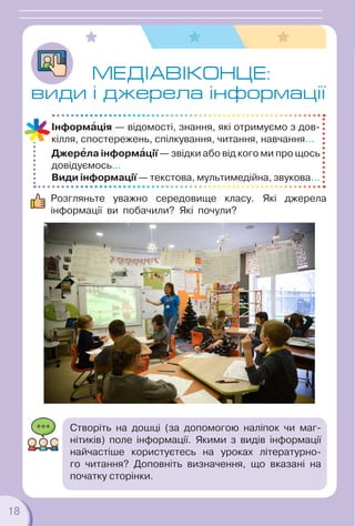 18
18
МЕДIАВІКОНЦЕ:
види і джерела інформації
Інформàція — відомості, знання, які отримуємо з дов-
кілля, спостережень, спілкування, читання, навчання...
Джерåла інформàції — звідки або від кого ми про щось
довідуємось...
Види інформації — текстова, мультимедійна, звукова...
Розгляньте уважно середовище класу. Які джерела
інформації ви побачили? Які почули?
Cтворіть на дошці (за допомогою наліпок чи маг-
нітиків) поле інформації. Якими з видів інформації
найчастіше користуєтесь на уроках літературно-
го читання? Доповніть визначення, що вказані на
початку сторінки.
 
