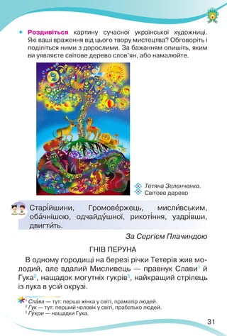 31
Стар³йшини, Громовåржець, мислèвським,
обàчнішою, одчайдóшної, рикот³ння, уздр³вши,
двигтèть.
За Сергієм Плачиндою
ГНІВ ПЕРУНА
В одному городищі на березі річки Тетерів жив мо-
лодий, але вдалий Мисливець — правнук Слави1
й
Гука2
, нащадок могутніх гукрів3
, найкращий стрілець
із лука в усій окрузі.
1
Слàва — тут: перша жінка у світі, праматір людей.
2
Гук — тут: перший чоловік у світі, прабатько людей.
3
Гóкри — нащадки Гука.
Тетяна Зеленченко.
Світове дерево
 Роздивіться картину сучасної української художниці.
Які ваші враження від цього твору мистецтва? Обговоріть і
поділіться ними з дорослими. За бажанням опишіть, яким
ви уявляєте світове дерево слов’ян, або намалюйте.
 