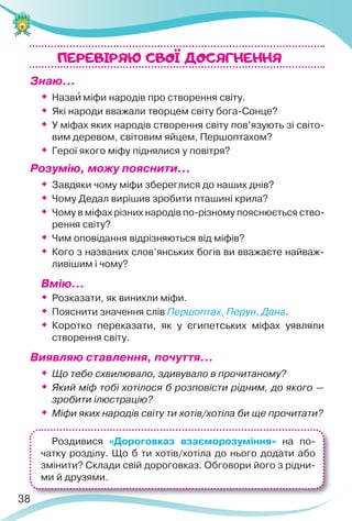 38
Знаю…
 Назвè міфи народів про створення світу.

Які народи вважали творцем світу бога-Сонце?

У міфах яких народів створення світу пов’язують зі світо-
вим деревом, світовим яйцем, Першоптахом?

Герої якого міфу піднялися у повітря?
Розумію, можу пояснити…

Завдяки чому міфи збереглися до наших днів?

Чому Дедал вирішив зробити пташині крила?

Чому в міфах різних народів по-різному пояснюється ство-
рення світу?

Чим оповідання відрізняються від міфів?

Кого з названих слов’янських богів ви вважаєте найваж-
ливішим і чому?
Вмію…

Розказати, як виникли міфи.

Пояснити значення слів Першоптах, Перун, Дана.

Коротко переказати, як у єгипетських міфах уявляли
створення світу.
Виявляю ставлення, почуття…

Що тебе схвилювало, здивувало в прочитаному?

Який міф тобі хотілося б розповісти рідним, до якого —
зробити ілюстрацію?

Міфи яких народів світу ти хотів/хотіла би ще прочитати?

ПЕРЕВIРЯЮ CВОI ДОСЯГНЕННЯ
8
Роздивися «Дороговказ взаєморозуміння» на по-
чатку розділу. Що б ти хотів/хотіла до нього додати або
змінити? Склади свій дороговказ. Обговори його з рідни-
ми й друзями.
 