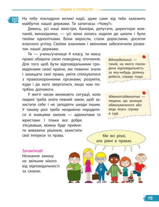 Відповідальний —
такий, на якого покла-
дена відповідальність
за яку-небудь ділянку
роботи, справу тощо.
На тебе покладено великі надії, адже саме від тебе залежить
майбутнє нашої держави. Ти запитаєш: «Чому?».
Дивись, усі наші міністри, банкіри, депутати, директори ком-
паній, винахідники, — усі вони колись ходили до школи і були
твоїми однолітками. Вони виросли, стали дорослими, досягли
власного успіху. Своїми знаннями і вміннями забезпечили розви-
ток нашої держави.
Ти — учень/учениця 4 класу, ти маєш
право обирати свою поведінку, оточення.
Для того щоб бути відповідальними гро-
мадянами своєї країни, ми повинні знати
і захищати свої права, уміти спілкуватися
з правоохоронними органами; розуміти,
куди і до кого звертатися, якщо нам по-
трібна допомога.
У житті часом виникають ситуації, коли
людині треба знати певний закон, щоб за-
хистити себе і не заподіяти шкоди іншим.
У такому разі треба неодмінно порадити-
ся зі знавцями законів  — адвокатами та
Ми всі різні,
але рівні в правах.
Адвокат/адвокатка —
людина, що захищає
обвинуваченого або
веде якусь справу
в суді.
юристами. І тільки все добре
з’ясувавши, можна буде прийня-
ти виважене рішення, захистити
свої інтереси та права.
Запам’ятай!
Незнання закону
не звільняє нікого
від відповідальності
за скоєне.
Людина в суспiЛьствi
15
 
