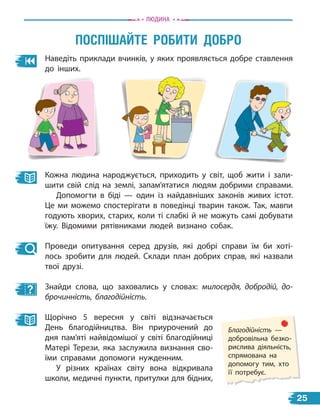 Наведіть приклади вчинків, у яких проявляється добре ставлення
до інших.
ПОсПіШаЙТе рОБиТи дОБрО
Кожна людина народжується, приходить у світ, щоб жити і зали-
шити свій слід на землі, запам’ятатися людям добрими справами.
Допомогти в біді — один із найдавніших законів живих істот.
Це ми можемо спостерігати в поведінці тварин також. Так, мавпи
годують хворих, старих, коли ті слабкі й не можуть самі добувати
їжу. Відомими рятівниками людей визнано собак.
Проведи опитування серед друзів, які добрі справи їм би хоті-
лось зробити для людей. Склади план добрих справ, які назвали
твої друзі.
Знайди слова, що заховались у словах: милосердя, добродій, до-
брочинність, благодійність.
Щорічно 5 вересня у світі відзначається
День благодійництва. Він приурочений до
дня пам’яті найвідомішої у світі благодійниці
Матері Терези, яка заслужила визнання сво-
їми справами допомоги нужденним.
У різних країнах світу вона відкривала
школи, медичні пункти, притулки для бідних,
Благодійність —
добровільна безко-
рислива діяльність,
спрямована на
допомогу тим, хто
її потребує.
Людина
25
 