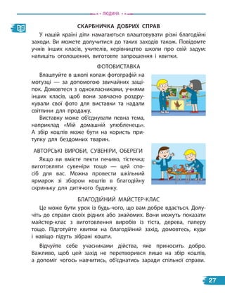 скарбничка ДобриХ сПрав
У нашій країні діти намагаються влаштовувати різні благодійні
заходи. Ви можете долучитися до таких заходів також. Повідомте
учнів інших класів, учителів, керівництво школи про свій задум:
напишіть оголошення, виготовте запрошення і квитки.
ФОТОВИСТАВКА
Влаштуйте в школі колаж фотографій на
мотузці — за допомогою звичайних защі-
пок. Домовтеся з однокласниками, учнями
інших класів, щоб вони завчасно роздру-
кували свої фото для виставки та надали
світлини для продажу.
Виставку може об’єднувати певна тема,
наприклад «Мій домашній улюбленець».
А  збір коштів може бути на користь при-
тулку для бездомних тварин.
АВТОРСЬКІ ВИРОБИ, СУВЕНІРИ, ОБЕРЕГИ
Якщо ви вмієте пекти печиво, тістечка;
виготовляти сувеніри тощо — цей спо-
сіб для вас. Можна провести шкільний
ярмарок зі збором коштів в благодійну
скриньку для дитячого будинку.
БЛАГОДІЙНИЙ МАЙСТЕР-КЛАС
Це може бути урок із будь-чого, що вам добре вдається. Долу-
чіть до справи своїх рідних або знайомих. Вони можуть показати
майстер-клас з виготовлення виробів із тіста, дерева, паперу
тощо. Підготуйте квитки на благодійний захід, домовтесь, куди
і  навіщо підуть зібрані кошти.
Відчуйте себе учасниками дійства, яке приносить добро.
Важливо, щоб цей захід не перетворився лише на збір коштів,
а  допоміг чогось навчитись, об’єднатись заради спільної справи.
Людина
27
 