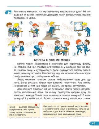 Розгляньте малюнки. На яку небезпеку наражаються діти? Які по-
ради ви їм дасте? Поділіться досвідом, як ви дотримуєтесь правил
поведінки в школі.
безПека в ЛЮДниХ МісцЯХ
Багато людей збираються в кінотеатрі для перегляду фільму,
на стадіоні під час спортивного змагання, у шкільній залі на свя-
то Нового року, у супермаркеті. Коли скупчується багато людей,
може виникнути паніка. Наприклад, під час пожежі або внаслідок
повідомлення про замінування об’єкта.
Люди, охоплені панікою, стають небезпечними одне для од-
ного. Вони думають тільки про власний порятунок. Але паніка
небезпечна й тим, що люди не знають, як треба рятуватися.
Для кожного приміщення, де перебуває багато людей, розроб-
ляють спеціальний план. На ньому показують напрям руху до
запасного виходу. Такий план називають планом евакуації. Є план
евакуації і у твоїй школі. Разом з учнями класу ознайомся з ним.
Евакуація — це організований вихід людей
з небезпечного місця у випадках, коли існує
небезпека для життя: пожежа, землетрус,
повідомлення про замінування тощо.
Паніка — раптове замішання,
розгубленість або прояв
страху через справжню чи
уявну небезпеку.
Людина
2
6
3
7
4
8
1
5
2
45
 
