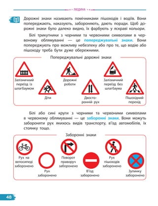 Дорожні знаки називають помічниками пішоходів і водіїв. Вони
попереджають, наказують, забороняють, дають поради. Щоб до-
рожні знаки було далеко видно, їх фарбують у яскраві кольори.
Білі трикутники з чорними та червоними символами в  чер-
воному облямуванні — це попереджувальні знаки. Вони
попереджують про можливу небезпеку або про те, що водію або
пішоходу треба бути дуже обережними.
Дорожні
роботи
Залізничний
переїзд із
шлагбаумом
Залізничний
переїзд без
шлагбаума
Діти Пішохідний
перехід
Двосто­
ронній рух
Білі або сині круги з чорними та червоними символами
в  червоному облямуванні — це заборонні знаки. Вони можуть
забороняти рух якихось видів транспорту, в’їзд автомобілів, їх
стоянку тощо.
Попереджувальні дорожні знаки
Заборонні знаки
Рух
пішоходів
заборонено
Рух
заборонено
В’їзд
заборонено
Поворот
праворуч
заборонено
Зупинку
заборонено
Рух на
велосипеді
заборонено
Людина
48
 