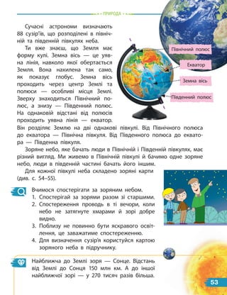 пРиРОда
Він розділяє Землю на дві однакові півкулі. Від Північного полюса
до екватора — Північна півкуля. Від Південного полюса до еквато-
ра  — Південна півкуля.
Зоряне небо, яке бачать люди в Північній і Південній півкулях, має
різний вигляд. Ми живемо в Північній півкулі й бачимо одне зоряне
небо, люди в південній частині бачать його іншим.
Для кожної півкулі неба складено зоряні карти
(див. с. 54–55).
Північний полюс
Південний полюс
Екватор
Земна вісь
Сучасні астрономи визначають
88 сузір’їв, що розподілені в  північ-
ній та південній півкулях неба.
Ти вже знаєш, що Земля має
форму кулі. Земна вісь — це уяв-
на лінія, навколо якої обертається
Земля. Вона нахилена так само,
як показує глобус. Земна вісь
проходить через центр Землі та
полюси  — особливі місця Землі.
Зверху знаходиться Північний по-
люс, а знизу — Південний полюс.
На однаковій відстані від полюсів
проходить уявна лінія  — екватор.
Вчимося спостерігати за зоряним небом.
1. Спостерігай за зорями разом зі старшими.
2. Спостереження проводь в ті вечори, коли
небо не затягнуте хмарами й зорі добре
видно.
3. Поблизу не повинно бути яскравого освіт-
лення, це заважатиме спостереженню.
4. Для визначення сузір’я користуйся картою
зоряного неба в підручнику.
Найближча до Землі зоря — Сонце. Відстань
від Землі до Сонця 150 млн км. А до іншої
найближчої зорі —  у  270  тисяч разів більша.
53
 
