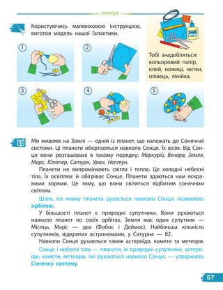 Ми живемо на Землі — одній із планет, що належать до Сонячної
системи. Ці планети обертаються навколо Сонця. Їх вісім. Від Сон-
ця вони розташовані в такому порядку: Меркурій, Венера, Земля,
Марс, Юпітер, Сатурн, Уран, Нептун.
Планети не випромінюють світла і тепла. Це холодні небесні
тіла. Їх освітлює й обігріває Сонце. Планети здаються нам яскра-
вими зорями. Це тому, що вони світяться відбитим сонячним
світлом.
Шлях, по якому планета рухається навколо Сонця, називають
орбітою.
У більшості планет є природні супутники. Вони рухаються
навколо планет по своїх орбітах. Земля має один супутник  —
Місяць, Марс — два (Фобос і Деймос). Найбільша кількість
супутників, відкритих астрономами, у Сатурна — 82.
Навколо Сонця рухаються також астероїди, комети та метеори.
Сонце і небесні тіла — планети, їх природні супутники, астеро-
їди, комети, метеори, які рухаються навколо Сонця, — утворюють
сонячну систему.
Користуючись малюнковою інструкцією,
виготов модель нашої Галактики.
Тобі знадобляться:
кольоровий папір,
клей, ножиці, нитки,
олівець, лінійка.
1 2
3 4 5
пРиРОда
57
 