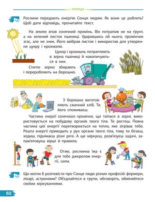 Рослини передають енергію Сонця людям. Як вони це роблять?
Щоб дати відповідь, прочитайте текст.
Що могли б розповісти про Сонце люди різних професій: фермери,
лікарі, астрономи? Об’єднайтеся в групи, обговоріть, обміняйтеся
своїми міркуваннями.
На землю впав сонячний промінь. Він потрапив не на ґрунт,
а на зелений листок пшениці. Ударившись об нього, промінчик
згас, але не зник. Його ввібрав листок і використав для утворен-
ня цукру і крохмалю.
Цукор і крохмаль потрапляють
в зерна пшениці й накопичують-
ся в них.
Стигле зерно збирають
і переробляють на борошно.
З борошна виготов-
ляють смачний хліб. Ти
його споживаєш.
Частина енергії сонячного проміння, що таїлася в зерні, вико-
ристовується на побудову органів твого тіла. Ти ростеш. Певна
частина цієї енергії перетворюється на тепло, яке зігріває тебе.
Решта енергії приводить у рух органи твого тіла, тому ти бігаєш,
ходиш, піднімаєш різні речі. А ще міркуєш, розв’язуєш задачі, за-
пам’ятовуєш вірші й правила.
Отже, рослинна їжа є
для тебе джерелом енер-
гії, сили.
пРиРОда
62
 