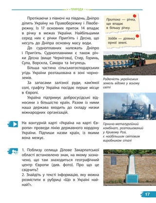 природа
1. Поблизу селища Ділове Закарпатської
області встановлено знак, на якому зазна-
чено, що там знаходиться географічний
центр Європи (див. фото). Про що це
свідчить?
2. Знайдіть у тексті інформацію, яку можна
розмістити в рубриці «Що в Україні най-
най?».
Протікаючи з півночі на південь, Дніпро
ділить Україну на Правобережну і  Лівобе-
режну. Із 17 основних приток 14  впадає
в  річку в  межах України. Найбільшими
серед них є  річки Прип’ять і  Десна, що
несуть до Дніпра основну масу води.
До судноплавних належать Дніпро
і  Прип’ять. Судноплавними є  також річ-
ки Десна (вище Чернігова), Стир, Горинь,
Сула, Ворскла, Самара та Інгулець.
Більша частина сільськогосподарських
угідь України розташована в зоні чорно-
земів.
За запасами залізної руди, кам’яної
солі, графіту Україна посідає перше місце
в Європі.
Україна підтримує добросусідські від-
носини з більшістю країн. Разом із ними
наша держава входить до складу низки
міжнародних організацій.
На контурній карті «Україна на карті Єв-
ропи» проведи лінію державного кордону
України. Підпиши назви країн, із якими
вона межує.
Притока — річка,
що впадає
в більшу річку.
Угіддя — ділянка
орної землі.
Родючість українських
земель відома у всьому
світі
Гірничо-металургійний
комбінат, розташований
у Кривому Розі,
є найбільшим світовим
виробником сталі
17
 