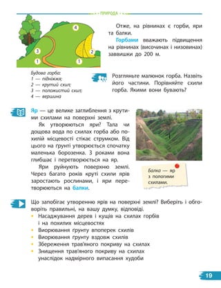 природа
Яр — це велике заглиблення з крути-
ми схилами на поверхні землі.
Як утворюються яри? Тала чи
дощова вода по схилах горба або по-
хилій місцевості стікає струмком. Від
цього на ґрунті утворюється спочатку
маленька борозенка. З роками вона
глибшає і перетворюється на яр.
Яри руйнують поверхню землі.
Через багато років круті схили ярів
заростають рослинами, і яри пере-
творюються на балки.
Отже, на рівнинах є горби, яри
та балки.
горбами вважають підвищення
на рівнинах (височинах і низовинах)
заввишки до 200 м.
Будова горба:
1 — підніжжя;
2 — крутий схил;
3 — положистий схил;
4 — вершина
2
4
3
1 1
Що запобігає утворенню ярів на поверхні землі? Виберіть і обго-
воріть правильні, на вашу думку, відповіді.
• Насаджування дерев і кущів на схилах горбів
і на похилих місцевостях
• Виорювання ґрунту впоперек схилів
• Виорювання ґрунту вздовж схилів
• Збереження трав’яного покриву на схилах
• Знищення трав’яного покриву на схилах
унаслідок надмірного випасання худоби
Розгляньте малюнок горба. Назвіть
його частини. Порівняйте схили
горба. Якими вони бувають?
Балка — яр
з пологими
схилами.
19
 