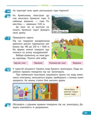 природа
На території яких країн розташовані гори Карпати?
Природнича задача
Під час подорожі мандрівникам
довелося долати підвищення зав-
вишки від 180 до 250 м і  1200  м.
Які форми земної поверхні тра-
плялися на шляху мандрівників?
Вибери правильну, на твою дум-
ку, відповідь. Поясни свій вибір.
На Кримському півострові ду-
гою височіють Кримські гори. Їх
найвища вершина — гора Ро-
ман-Кош  — заввишки 1545 м.
До яких гір за висотою на-
лежать Кримські гори? Доведіть
свою думку.
Гора Роман-Кош
У гористій місцевості України іноді бувають землетруси. Люди ви-
робили правила поведінки під час землетрусів.
При найменших поштовхах закривають крани: газ, воду, вими-
кають електрику, запасаються водою, прибирають з полиць важкі
предмети. Не можна стояти біля високих дерев.
Обговоріть з рідними правила поведінки під час землетрусу. До-
ведіть важливість їх дотримання.
Землетруси —
раптові струси
земної кори.
Вершина
Крутий схил Підніжжя Положистий схил
21
 