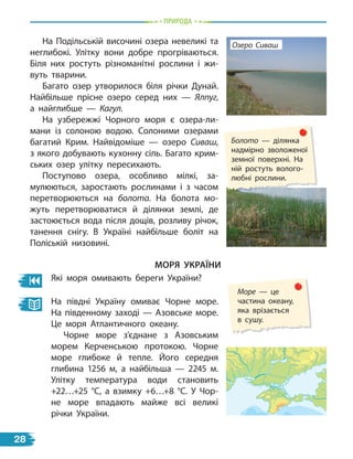 природа
На Подільській височині озера невеликі та
неглибокі. Улітку вони добре прогріваються.
Біля них ростуть різноманітні рослини і  жи-
вуть тварини.
Багато озер утворилося біля річки Дунай.
Найбільше прісне озеро серед них — Ялпуг,
а найглибше — Кагул.
На узбережжі Чорного моря є озера-ли-
мани із солоною водою. Солоними озерами
багатий Крим. Найвідоміше — озеро Сиваш,
з якого добувають кухонну сіль. Багато крим-
ських озер улітку пересихають.
Поступово озера, особливо мілкі, за-
мулюються, заростають рослинами і з часом
перетворюються на болота. На болота мо-
жуть перетворюватися й  ділянки землі, де
застоюється вода після дощів, розливу річок,
танення снігу. В Україні найбільше боліт на
Поліській низовині.
МорЯ УкраЇНи
Які моря омивають береги України?
Озеро Сиваш
Море — це
частина океану,
яка врізається
в сушу.
Болото — ділянка
надмірно зволоженої
земної поверхні. На
ній ростуть волого-
любні рослини.
На півдні Україну омиває Чорне море.
На південному заході — Азовське море.
Це моря Атлантичного океану.
Чорне море з’єднане з Азовським
морем Керченською протокою. Чорне
море глибоке й тепле. Його середня
глибина 1256  м, а найбільша — 2245  м.
Улітку температура води становить
+22…+25  °С, а взимку +6…+8 °С. У  Чор-
не море впадають майже всі великі
річки України.
28
 