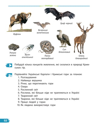 природа
Побудуй кілька ланцюгів живлення, які склалися в природі Крим-
ських гір.
Порівняйте Українські Карпати і Кримські гори за планом:
1. Розташування
2. Найвища вершина
3. Річки, що перетинають гори
4. Озера
5. Рослинний світ
6. Рослини, які більше ніде не трапляються в Україні
7. Тваринний світ
8. Тварини, які більше ніде не трапляються в Україні
9. Праця людей у горах
10. Як людина використовує гори
Муфлон
Вечірниця
велетенська
Гриф чорний
Сип
білоголовий
Олень
благородний
Ропуха
зелена Вусач
альпійський
Полоз
леопардовий
52
 