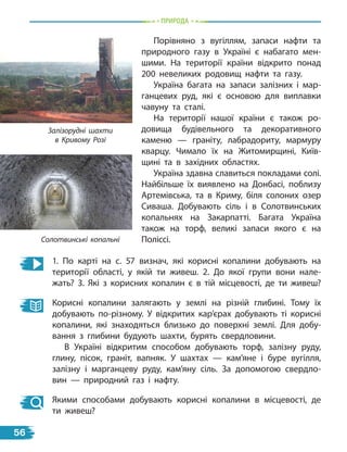 Природа
Порівняно з вугіллям, запаси нафти та
природного газу в Україні є набагато мен-
шими. На території країни відкрито понад
200 невеликих родовищ нафти та газу.
Україна багата на запаси залізних і мар-
ганцевих руд, які є основою для виплавки
чавуну та сталі.
На території нашої країни є  також ро-
довища будівельного та декоративного
каменю  — граніту, лабрадориту, мармуру
кварцу. Чимало їх на Житомирщині, Київ-
щині та в  західних областях.
Україна здавна славиться покладами солі.
Найбільше їх виявлено на Донбасі, поблизу
Артемівська, та в Криму, біля солоних озер
Сиваша. Добувають сіль і  в  Солотвинських
копальнях на Закарпатті. Багата Україна
також на торф, великі запаси якого є на
Поліссі.
Солотвинські копальні
Залізорудні шахти
в Кривому Розі
1. По карті на с. 57 визнач, які корисні копалини добувають на
території області, у  якій ти живеш. 2. До якої групи вони нале-
жать? 3. Які з корисних копалин є в тій місцевості, де ти живеш?
Корисні копалини залягають у землі на різній глибині. Тому їх
добувають по-різному. У відкритих кар’єрах добувають ті корисні
копалини, які знаходяться близько до поверхні землі. Для добу-
вання з глибини будують шахти, бурять свердловини.
В Україні відкритим способом добувають торф, залізну руду,
глину, пісок, граніт, вапняк. У шахтах — кам’яне і буре вугілля,
залізну і марганцеву руду, кам’яну сіль. За допомогою свердло-
вин — природний газ і нафту.
Якими способами добувають корисні копалини в місцевості, де
ти живеш?
56
 