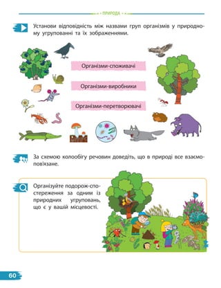 природа
Установи відповідність між назвами груп організмів у природно-
му угрупованні та їх зображеннями.
За схемою колообігу речовин доведіть, що в природі все взаємо-
пов’язане.
Організми-перетворювачі
Організми-виробники
Організми-споживачі
Організуйте подорож-спо-
стереження за одним із
природних угруповань,
що є у вашій місцевості.
60
 