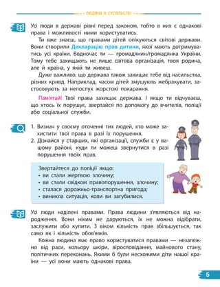 Усі люди в державі рівні перед законом, тобто в них є однакові
права і можливості ними користуватись.
Ти вже знаєш, що правами дітей опікуються світові держави.
Вони створили Декларацію прав дитини, якої мають дотримува-
тись усі країни. Водночас ти — громадянин/громадянка України.
Тому тебе захищають не лише світова організація, твоя родина,
але й країна, у якій ти живеш.
Дуже важливо, що держава також захищає тебе від насильства,
різних кривд. Наприклад, часом дітей змушують жебракувати, за-
стосовують за непослух жорстокі покарання.
Пам’ятай! Твої права захищає держава. І якщо ти відчуваєш,
що хтось їх порушує, звертайся по допомогу до вчителів, поліції
або соціальної служби.
1. Визнач у своєму оточенні тих людей, хто може за-
хистити твої права в разі їх порушення.
2. Дізнайся у старших, які організації, служби є у  ва-
шому районі, куди ти можеш звернутися в разі
порушення твоїх прав.
Звертайтеся до поліції якщо:
• ви стали жертвою злочину;
• ви стали свідком правопорушення, злочину;
• сталася дорожньо-транспортна пригода;
• виникла ситуація, коли ви загубилися.
Усі люди наділені правами. Права людини з’являються від на-
родження. Вони ніким не даруються, їх не можна відібрати,
заслужити або купити. З віком кількість прав збільшується, так
само як і  кількість обов’язків.
Кожна людина має право користуватися правами — незалеж-
но від раси, кольору шкіри, віросповідання, майнового стану,
політичних переконань. Якими б були несхожими діти нашої кра-
їни — усі вони мають однакові права.
Людина В СУСпiЛЬСТВi
5
 