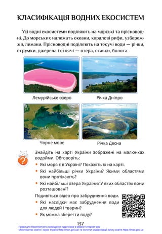137
класифікація водних екосистем
Усі водні екосистеми поділяють на морські та прісновод-
ні. До морських належать океани, коралові рифи, узбере­
ж­
жя, лимани. Прісноводні поділяють на текучі води — річки,
струмки, джерела і стоячі — озера, ставки, болота.
Знайдіть на карті України зображені на малюнках
водойми. Обговоріть:
•	 Які моря є в Україні? Покажіть їх на карті.
•	 Які найбільші річки України? Якими областями
вони протікають?
•	 Які найбільші озера України? У яких областях вони
розташовані?
Подивіться відео про забруднення води.
•	 Які наслідки має забруднення води
для людей і тварин?
•	 Як можна зберегти воду?
?
Лемурійське озеро Річка Дніпро
Чорне море Річка Десна
Право для безоплатного розміщення підручника в мережі Інтернет має
Міністерство освіти і науки України http://mon.gov.ua/ та Інститут модернізації змісту освіти https://imzo.gov.ua
 
