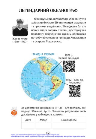 138
легендарний океанограф
Французький океанограф Жак-Ів Кусто
здійснив близько 50 експедицій океанами
та прісними водоймами. Він відкрив багато
нових видів водних тварин, досліджував
проблему забруднення океану, обстоював
потребу збереження природи Антарктиди
та острова Мадагаскар.
За допомогою QR-кодів на с. 138—139 дослідіть екс­
педиції Жака-Іва Кусто. Запишіть результати своїх
досліджень у таблицю за зразком.
Дата Місце Цікаві факти
?
Жак-Ів Кусто
(1910—1997)
ФІЗИЧНА КАРТА ПІВКУЛЬ
ЗАХІДНА ПІВКУЛЯ СХІДНА ПІВКУ
Позначення глибини у метрах
глибше 6000 4000 2000 200 0
Позначення висоти у метрах
нижче 0 200 500 2000 3000 5000 вище М
1971 р.
Велика синя діра
1982—1983 рр.
Амазонка
Право для безоплатного розміщення підручника в мережі Інтернет має
Міністерство освіти і науки України http://mon.gov.ua/ та Інститут модернізації змісту освіти https://imzo.gov.ua
 