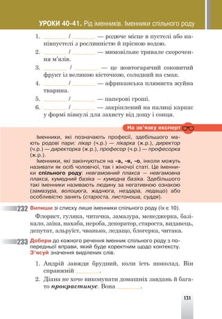 131
1. / — родюче місце в пустелі або на-
півпустелі з рослинністю й прісною водою.
2. / — мимовільне тривале скорочен-
ня м’язів.
3. / — це жовтогарячий соковитий
фрукт із великою кісточкою, солодкий на смак.
4. / — африканська плямиста жуйна
тварина.
5. / — паперові гроші.
6. / — закріплений на палиці каркас
у формі півкулі для захисту від дощу і сонця.
Íà çâ’ÿçêó åêñïåðò
²ìåííèêè, ÿê³ ïîçíà÷àþòü ïðîôåñ³¿, çäåá³ëüøîãî ìà-
þòü ðîäîâ³ ïàðè: ë³êàð (÷.ð.) — ë³êàðêà (æ.ð.), äèðåêòîð
(÷.ð.) — äèðåêòîðêà (æ.ð.), ïðîôåñîð (÷.ð.) — ïðîôåñîðêà
(æ.ð.).
²ìåííèêè, ÿê³ çàê³í÷óþòüñÿ íà -à, -ÿ, -î, ³íêîëè ìîæóòü
íàçèâàòè ÿê îñ³á ÷îëîâ³÷î¿, òàê ³ æ³íî÷î¿ ñòàò³. Öå ³ìåííè-
êè ñï³ëüíîãî ðîäó: íåâãàìîâíèé ïëàêñà — íåâãàìîâíà
ïëàêñà, êóìåäíèé áàç³êà — êóìåäíà áàç³êà. Çäåá³ëüøîãî
òàê³ ³ìåííèêè íàçèâàþòü ëþäèíó çà íåãàòèâíîþ îçíàêîþ
(çàìàçóðà, âîëîöþãà, æàäíþãà, íåçäàðà, ëåäàùî) àáî
îñîáëèâ³ñòþ çàíÿòü (ñòàðîñòà, ëèñòîíîøà, ñóääÿ).
Âèïèøè ç³ ñïèñêó ëèøå ³ìåííèêè ñï³ëüíîãî ðîäó (¿õ º 10).
Флорист, гуляка, читачка, замазура, менеджерка, базі-
кало, заїка, нахаба, нероба, декоратор, староста, видавець,
депутат, альруїст, чванько, ледащо, блогерка, читака.
Äîáåðè äî êîæíîãî ðå÷åííÿ ³ìåííèê ñï³ëüíîãî ðîäó ç ïî-
ïåðåäíüî¿ âïðàâè, ÿêèé áóäå êîðåêòíèì ùîäî êîíòåêñòó.
Ç’ÿñóé çíà÷åííÿ âèä³ëåíèõ ñë³â.
1. Андрій завжди брудний, коли їсть шоколад. Він
справжній .
2. Діана не хоче виконувати домашніх завдань й бага-
то прокрастинує. Вона .
232
233
ÓÐÎÊÈ 40-41. Ð³ä ³ìåííèê³â. ²ìåííèêè ñï³ëüíîãî ðîäó
 