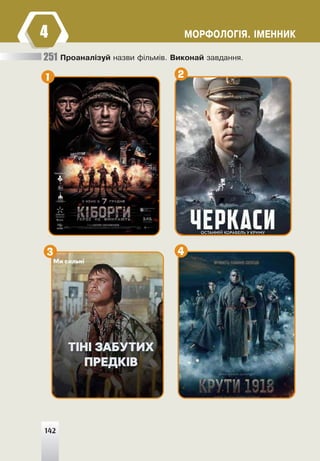 142
ÌÎÐÔÎËÎÃ²ß. ²ÌÅÍÍÈÊ
142
Ïðîàíàë³çóé íàçâè ô³ëüì³â. Âèêîíàé çàâäàííÿ.
251
1
3
2
4
4
 