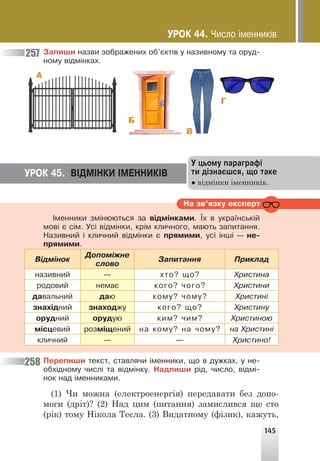145
Çàïèøè íàçâè çîáðàæåíèõ îá’ºêò³â ó íàçèâíîìó òà îðóä-
íîìó â³äì³íêàõ.
Г
А
Б
В
257
258
ÓÐÎÊ 45. Â²ÄÌ²ÍÊÈ ²ÌÅÍÍÈÊ²Â
Ïåðåïèøè òåêñò, ñòàâëÿ÷è ³ìåííèêè, ùî â äóæêàõ, ó íå-
îáõ³äíîìó ÷èñë³ òà â³äì³íêó. Íàäïèøè ð³ä, ÷èñëî, â³äì³-
íîê íàä ³ìåííèêàìè.
(1) Чи можна (електроенергія) передавати без допо-
моги (дріт)? (2) Над цим (питання) замислився ще сто
(рік) тому Нікола Тесла. (3) Видатному (фізик), кажуть,
Ó öüîìó ïàðàãðàô³
òè ä³çíàºøñÿ, ùî òàêå
● відмінки іменників.
Íà çâ’ÿçêó åêñïåðò
²ìåííèêè çì³íþþòüñÿ çà â³äì³íêàìè. ¯õ â óêðà¿íñüê³é
ìîâ³ º ñ³ì. Óñ³ â³äì³íêè, êð³ì êëè÷íîãî, ìàþòü çàïèòàííÿ.
Íàçèâíèé ³ êëè÷íèé â³äì³íêè º ïðÿìèìè, óñ³ ³íø³ — íå-
ïðÿìèìè.
Â³äì³íîê
Äîïîì³æíå
ñëîâî
Çàïèòàííÿ Ïðèêëàä
íàçèâíèé — õòî? ùî? Õðèñòèíà
ðîäîâèé íåìàº êîãî? ÷îãî? Õðèñòèíè
äàâàëüíèé äàþ êîìó? ÷îìó? Õðèñòèí³
çíàõ³äíèé çíàõîäæó êîãî? ùî? Õðèñòèíó
îðóäíèé îðóäóþ êèì? ÷èì? Õðèñòèíîþ
ì³ñöåâèé ðîçì³ùåíèé íà êîìó? íà ÷îìó? íà Õðèñòèí³
êëè÷íèé — — Õðèñòèíî!
ÓÐÎÊ 44. ×èñëî ³ìåííèê³â
 