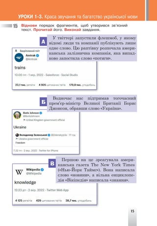 15
Â³äíîâè ïîðÿäîê ôðàãìåíò³â, ùîá óòâîðèâñÿ çâ’ÿçíèé
òåêñò. Ïðî÷èòàé éîãî. Âèêîíàé çàâäàííÿ.
А
У твіттері запустили флешмоб, у якому
відомі люди та компанії публікують лише
одне слово. Цю раптівку розпочала амери-
канська залізнична компанія, яка випад-
ково запостила слово «потяги».
В
Першою на це зреагувала амери-
канська газета The New York Times
(«Нью-Йорк Таймс»). Вона написала
слово «новини», а вільна енциклопе-
дія «Вікіпедія» написала «знання».
Б
Водночас нас підтримав тогочасний
прем’єр-міністр Великої Британії Борис
Джонсон, обравши слово «Україна».
15
ÓÐÎÊÈ 1-3. Êðàñà çâó÷àííÿ òà áàãàòñòâî óêðà¿íñüêî¿ ìîâè
 