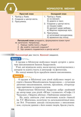 150
ÌÎÐÔÎËÎÃ²ß. ²ÌÅÍÍÈÊ
4
Ïðîàíàë³çóé äâà òåêñòè. Âèêîíàé çàâäàííÿ.
6 грудня в бібліотеці відбулися творчі зустрічі з дитя-
чим письменником Іваном Андрусяком.
Учні, які відвідали захід, мали нагоду поспілкуватися з
автором та взяти участь в автограф- та фотосесіях.
На заході можна було придбати книги письменника.
6 грудня в бібліотеці для дітей відбулися творчі зу-
стрічі з Іваном Михайловичем Андрусяком — сучасним
дитячим письменником, поетом, прозаїком, літератур-
ним критиком та перекладачем.
Користувачам бібліотеки Андрусяк добре знайомий
як автор книг для дітей: «М’яке і пухнасте», «Стефа і її
Чакалка», «Звіряча абетка», «Зайчикова книжечка».
На захід завітали учні початкових класів гімназії
ім. Т.Г. Шевченка, колегіуму та загальноосвітньої шко-
ли №4. Учасники заходів спілкувалися з письменни-
ком, слухали уривки з його нових творів, брали участь
Текст 1
Текст 2
Ïðîñòèé ïëàí Ñêëàäíèé ïëàí
1. Ïðè¿çä ó Ëüâ³â.
2. Ñí³äàíîê ó öåíòð³ ì³ñòà.
3. Ïðîãóëÿíêà.
1. Ïðè¿çä ó Ëüâ³â.
à) íà âîêçàë³;
á) äîðîãà â òàêñ³.
2. Ñí³äàíîê ó öåíòð³ ì³ñòà.
à) ïîøóêè êàôå;
á) äèñêóñ³¿ ùîäî âèáîðó;
â) Ìàð³÷êà ïåðåêîíóº âñ³õ.
3. Ïðîãóëÿíêà.
à) íåòèïîâèé åêñêóðñîâîä;
á) âðàæåííÿ â³ä ïëîù³.
Ïèòàëüíèé ïëàí óêëàäàþòü, ôîðìóëþþ÷è êîæåí ïóíêò
ÿê çàïèòàííÿ. Íàïðèêëàä:
1. Íàâ³ùî òðåáà ¿õàòè ó Ëüâ³â?
2. Äå çíàéòè ñìà÷íèé ñí³äàíîê?
3. Ùî ö³êàâîãî ïîäèâèòèñÿ â öåíòð³ ì³ñòà?
4
4
264
 