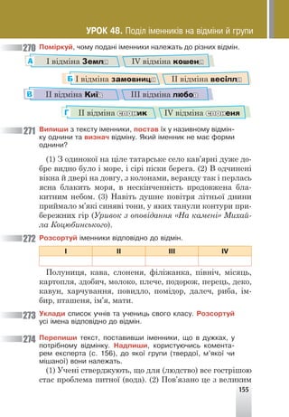 155
Ïîì³ðêóé, ÷îìó ïîäàí³ ³ìåííèêè íàëåæàòü äî ð³çíèõ â³äì³í.
І відміна Земля ІV відміна кошеня
А
І відміна замовниця ІІ відміна весілля
Б
ІІ відміна Київ ІІІ відміна любов
В
ІІ відміна слоник ІV відміна слоненя
Г
Âèïèøè ç òåêñòó ³ìåííèêè, ïîñòàâ ¿õ ó íàçèâíîìó â³äì³í-
êó îäíèíè òà âèçíà÷ â³äì³íó. ßêèé ³ìåííèê íå ìàº ôîðìè
îäíèíè?
(1) З одинокої на ціле татарське село кав’ярні дуже до-
бре видно було і море, і сірі піски берега. (2) В одчинені
вікна й двері на довгу, з колонами, веранду так і перлась
ясна блакить моря, в нескінченність продовжена бла-
китним небом. (3) Навіть душне повітря літньої днини
приймало м’які синяві тони, у яких танули контури при-
бережних гір (Уривок з оповідання «На камені» Михай-
ла Коцюбинського).
Ðîçñîðòóé ³ìåííèêè â³äïîâ³äíî äî â³äì³í.
² ²² ²²² ²V
Полуниця, кава, слоненя, філіжанка, північ, місяць,
картопля, здобич, молоко, плече, подорож, перець, деко,
кавун, харчування, повидло, помідор, далеч, риба, ім-
бир, пташеня, ім’я, мати.
Óêëàäè ñïèñîê ó÷í³â òà ó÷åíèöü ñâîãî êëàñó. Ðîçñîðòóé
óñ³ ³ìåíà â³äïîâ³äíî äî â³äì³í.
Ïåðåïèøè òåêñò, ïîñòàâèâøè ³ìåííèêè, ùî â äóæêàõ, ó
ïîòð³áíîìó â³äì³íêó. Íàäïèøè, êîðèñòóþ÷èñü êîìåíòà-
ðåì åêñïåðòà (ñ. 156), äî ÿêî¿ ãðóïè (òâåðäî¿, ì’ÿêî¿ ÷è
ì³øàíî¿) âîíè íàëåæàòü.
(1) Учені стверджують, що для (людство) все гострішою
стає проблема питної (вода). (2) Пов’язано це з великим
270
271
272
273
274
ÓÐÎÊ 48. Ïîä³ë ³ìåííèê³â íà â³äì³íè é ãðóïè
 