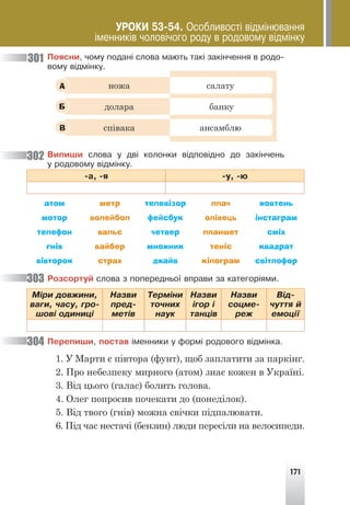 171
Ïîÿñíè, ÷îìó ïîäàí³ ñëîâà ìàþòü òàê³ çàê³í÷åííÿ â ðîäî-
âîìó â³äì³íêó.
ножа салату
долара банку
співака ансамблю
А
Б
В
Âèïèøè ñëîâà ó äâ³ êîëîíêè â³äïîâ³äíî äî çàê³í÷åíü
ó ðîäîâîìó â³äì³íêó.
-à, -ÿ -ó, -þ
атом метр телевізор плач жовтень
мотор волейбол фейсбук олівець інстаграм
телефон вальс четвер планшет сміх
гнів вайбер множник теніс квадрат
вівторок страх джайв кілограм світлофор
Ðîçñîðòóé ñëîâà ç ïîïåðåäíüî¿ âïðàâè çà êàòåãîð³ÿìè.
Ì³ðè äîâæèíè,
âàãè, ÷àñó, ãðî-
øîâ³ îäèíèö³
Íàçâè
ïðåä-
ìåò³â
Òåðì³íè
òî÷íèõ
íàóê
Íàçâè
³ãîð ³
òàíö³â
Íàçâè
ñîöìå-
ðåæ
Â³ä-
÷óòòÿ é
åìîö³¿
Ïåðåïèøè, ïîñòàâ ³ìåííèêè ó ôîðì³ ðîäîâîãî â³äì³íêà.
1. У Марти є півтора (фунт), щоб заплатити за паркінг.
2. Про небезпеку мирного (атом) знає кожен в Україні.
3. Від цього (галас) болить голова.
4. Олег попросив почекати до (понеділок).
5. Від твого (гнів) можна свічки підпалювати.
6. Під час нестачі (бензин) люди пересіли на велосипеди.
301
302
303
304
ÓÐÎÊÈ 53-54. Îñîáëèâîñò³ â³äì³íþâàííÿ
³ìåííèê³â ÷îëîâ³÷îãî ðîäó â ðîäîâîìó â³äì³íêó
 