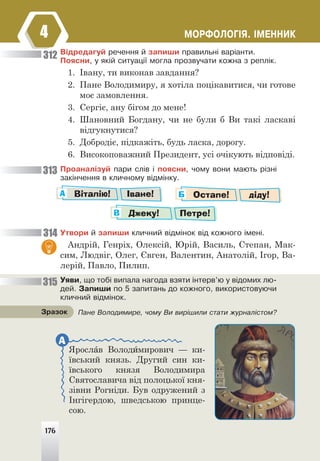 ÌÎÐÔÎËÎÃ²ß. ²ÌÅÍÍÈÊ
4
Â³äðåäàãóé ðå÷åííÿ é çàïèøè ïðàâèëüí³ âàð³àíòè.
Ïîÿñíè, ó ÿê³é ñèòóàö³¿ ìîãëà ïðîçâó÷àòè êîæíà ç ðåïë³ê.
1. Івану, ти виконав завдання?
2. Пане Володимиру, я хотіла поцікавитися, чи готове
моє замовлення.
3. Сергіє, ану бігом до мене!
4. Шановний Богдану, чи не були б Ви такі ласкаві
відгукнутися?
5. Добродіє, підкажіть, будь ласка, дорогу.
6. Високоповажний Президент, усі очікують відповіді.
Ïðîàíàë³çóé ïàðè ñë³â ³ ïîÿñíè, ÷îìó âîíè ìàþòü ð³çí³
çàê³í÷åííÿ â êëè÷íîìó â³äì³íêó.
Віталію! Іване!
А Остапе! діду!
Б
Джеку! Петре!
В
Óòâîðè é çàïèøè êëè÷íèé â³äì³íîê â³ä êîæíîãî ³ìåí³.
Андрій, Генріх, Олексій, Юрій, Василь, Степан, Мак-
сим, Людвіг, Олег, Євген, Валентин, Анатолій, Ігор, Ва-
лерій, Павло, Пилип.
Óÿâè, ùî òîá³ âèïàëà íàãîäà âçÿòè ³íòåðâ’þ ó â³äîìèõ ëþ-
äåé. Çàïèøè ïî 5 çàïèòàíü äî êîæíîãî, âèêîðèñòîâóþ÷è
êëè÷íèé â³äì³íîê.
Ïàíå Âîëîäèìèðå, ÷îìó Âè âèð³øèëè ñòàòè æóðíàë³ñòîì?
Çðàçîê
312
313
314
315
Ярослав Володимирович — ки-
ївський князь. Другий син ки-
ївського князя Володимира
Святославича від полоцької кня-
зівни Рогніди. Був одружений з
Інгігердою, шведською принце-
сою.
А
176
 