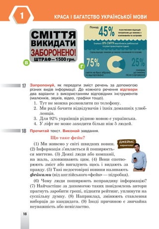 18
ÊÐÀÑÀ ² ÁÀÃÀÒÑÒÂÎ ÓÊÐÀ¯ÍÑÜÊÎ¯ ÌÎÂÈ
1
Çàïðîïîíóé, ÿê ïåðåäàòè çì³ñò ðå÷åíü çà äîïîìîãîþ
ð³çíèõ âèä³â ³íôîðìàö³¿. Äî êîæíîãî ðå÷åííÿ â³äòâîðè
äâà âàð³àíòè ç âèêîðèñòàííÿì â³äïîâ³äíèõ ³íñòðóìåíò³â
(ìàëþíê³â, çâóê³â, â³äåî, ãðàô³êè òîùî).
1. Тут не можна розмовляти по телефону.
2. Ми раді бачити відвідувачів і їхніх домашніх улюб-
ленців.
3. Для 92% українців рідною мовою є українська.
4. У ліфт не може заходити більш ніж 5 людей.
Ïðî÷èòàé òåêñò. Âèêîíàé çàâäàííÿ.
Що таке фейк?
(1) Ми живемо у світі швидких новин.
(2) Інформація з’являється й поширюєть-
ся миттєво. (3) Деякі люди або компанії,
на жаль, зловживають цим. (4) Вони спотво-
рюють зміст або вигадують щось і видають за
правду. (5) Такі недостовірні новини називають
фейками (від англійського «фейк» — підробка).
(6) Чому люди поширюють неправдиву інформацію?
(7) Найчастіше за допомогою таких повідомлень автори
прагнуть заробити гроші, підняти рейтинг, уплинути на
суспільну думку. (8) Наприклад, змінюють ставлення
виборців до кандидата. (9) Іноді причиною є звичайна
неуважність або невігластво.
17
18
В
Г
 