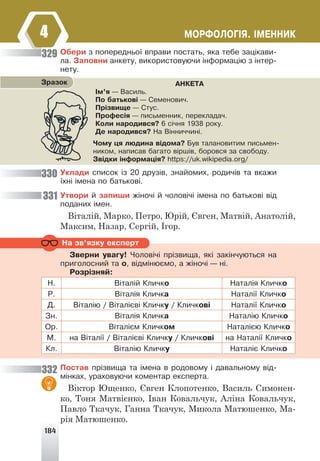 184
ÌÎÐÔÎËÎÃ²ß. ²ÌÅÍÍÈÊ
4
Îáåðè ç ïîïåðåäíüî¿ âïðàâè ïîñòàòü, ÿêà òåáå çàö³êàâè-
ëà. Çàïîâíè àíêåòó, âèêîðèñòîâóþ÷è ³íôîðìàö³þ ç ³íòåð-
íåòó.
ÀÍÊÅÒÀ
²ì’ÿ — Âàñèëü.
Ïî áàòüêîâ³ — Ñåìåíîâè÷.
Ïð³çâèùå — Ñòóñ.
Ïðîôåñ³ÿ — ïèñüìåííèê, ïåðåêëàäà÷.
Êîëè íàðîäèâñÿ? 6 ñ³÷íÿ 1938 ðîêó.
Äå íàðîäèâñÿ? Íà Â³ííè÷÷èí³.
×îìó öÿ ëþäèíà â³äîìà? Áóâ òàëàíîâèòèì ïèñüìåí-
íèêîì, íàïèñàâ áàãàòî â³ðø³â, áîðîâñÿ çà ñâîáîäó.
Çâ³äêè ³íôîðìàö³ÿ? https://uk.wikipedia.org/
Çðàçîê
Óêëàäè ñïèñîê ³ç 20 äðóç³â, çíàéîìèõ, ðîäè÷³â òà âêàæè
¿õí³ ³ìåíà ïî áàòüêîâ³.
Óòâîðè é çàïèøè æ³íî÷³ é ÷îëîâ³÷³ ³ìåíà ïî áàòüêîâ³ â³ä
ïîäàíèõ ³ìåí.
Віталій, Марко, Петро, Юрій, Євген, Матвій, Анатолій,
Максим, Назар, Сергій, Ігор.
331
330
329
Íà çâ’ÿçêó åêñïåðò
Çâåðíè óâàãó! ×îëîâ³÷³ ïð³çâèùà, ÿê³ çàê³í÷óþòüñÿ íà
ïðèãîëîñíèé òà î, â³äì³íþºìî, à æ³íî÷³ — í³.
Ðîçð³çíÿé:
Í. Â³òàë³é Êëè÷êî Íàòàë³ÿ Êëè÷êî
Ð. Â³òàë³ÿ Êëè÷êà Íàòàë³¿ Êëè÷êî
Ä. Â³òàë³þ / Â³òàë³ºâ³ Êëè÷êó / Êëè÷êîâ³ Íàòàë³¿ Êëè÷êî
Çí. Â³òàë³ÿ Êëè÷êà Íàòàë³þ Êëè÷êî
Îð. Â³òàë³ºì Êëè÷êîì Íàòàë³ºþ Êëè÷êî
Ì. íà Â³òàë³¿ / Â³òàë³ºâ³ Êëè÷êó / Êëè÷êîâ³ íà Íàòàë³¿ Êëè÷êî
Êë. Â³òàë³þ Êëè÷êó Íàòàë³º Êëè÷êî
Ïîñòàâ ïð³çâèùà òà ³ìåíà â ðîäîâîìó ³ äàâàëüíîìó â³ä-
ì³íêàõ, óðàõîâóþ÷è êîìåíòàð åêñïåðòà.
Віктор Ющенко, Євген Клопотенко, Василь Симонен-
ко, Тоня Матвієнко, Іван Ковальчук, Аліна Ковальчук,
Павло Ткачук, Ганна Ткачук, Микола Матюшенко, Ма-
рія Матюшенко.
332
 