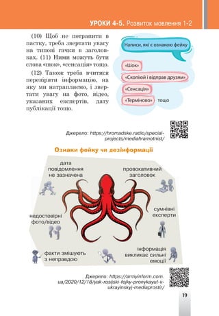 19
(10) Щоб не потрапити в
пастку, треба звертати увагу
на типові гачки в заголов-
ках. (11) Ними можуть бути
слова «шок», «сенсація» тощо.
(12) Також треба вчитися
перевіряти інформацію, на
яку ми натрапляємо, і звер-
тати увагу на фото, відео,
указаних експертів, дату
публікації тощо.
Äæåðåëî: https://hromadske.radio/special-
projects/mediahramotnist/
Äæåðåëî: https://armyinform.com.
ua/2020/12/18/yak-rosijski-fejky-pronykayut-v-
ukrayinskyj-mediaprostir/
Ознаки фейку чи дезінформації
äàòà
ïîâ³äîìëåííÿ
íå çàçíà÷åíà
ñóìí³âí³
åêñïåðòè
ïðîâîêàòèâíèé
çàãîëîâîê
³íôîðìàö³ÿ
âèêëèêàº ñèëüí³
åìîö³¿
ôàêòè çì³øóþòü
ç íåïðàâäîþ
íåäîñòîâ³ðí³
ôîòî/â³äåî
ÓÐÎÊÈ 4-5. Ðîçâèòîê ìîâëåííÿ 1-2
 