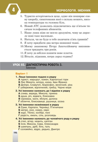 196
ÌÎÐÔÎËÎÃ²ß. ²ÌÅÍÍÈÊ
4
5. Туристи остерігаються цеце, адже він поширює сон-
ну хворобу, симптомами якої є сильна нежить, висо-
ка температура та головна біль.
6. Новий АТС дозволить підключитись ще п’ятьом ти-
сячам телефонних абонентів.
7. Наше лоша ніяк не могло зрозуміти, чому це дорос-
ле поні таке маленьке.
8. Наталя, чи не буде в тебе позичити п’ять гривнів?
9. Я хочу придбати два метра шовкової ткані.
10.Моєму знакомому Петру Анатолійовичу виповню-
ється тридцять три років.
11.Я хочу до юбілея пошити нове плаття.
12.Віталіє, підкажи, котра зараз година?
Варіант 1
1. Ëèøå ³ìåííèêè ïîäàíî â ðÿäêó
À òóðèñò, ìàðøðóò, êîæåí, Êàðïàòñüê³ ãîðè
Á Ëèñ Ìèêèòà, õèòðóí, êàçêà, ²âàí Ôðàíêî
Â Äí³ïðî, Ñëàâóòè÷, Áîðèñôåí, âåëè÷íèé, ð³êà
Ã óçáåðåææÿ, â³äïî÷èëèé, ãðåáö³, ×îðíå ìîðå
2. Óñ³ ³ìåííèêè íàëåæàòü äî ² â³äì³íè â ðÿäêó
À ñëèâà, âåðåäà, Ìèêîëà, ïðèìõà
Á äóøà, ð³÷, â³äâàãà, áëèñêàâêà
Â ñ³ðîìàõà, ìàòè, ÿáëóíÿ, äîëèíà
Ã îáëè÷÷ÿ, áëèñêàâèöÿ, ðóøíèöÿ, îñîêà
3. Óñ³ ³ìåííèêè íåçì³íþâàí³ â ðÿäêó
À Ñóìè, Êàðïàòè, ×åðí³âö³, Ï’ÿòíè÷àíè
Á ìåòðî, ê³íî, îçåðî, ºâðî
Â æóð³, Òá³ë³ñ³, êîë³áð³, ïîí³
Ã ðàä³ñòü, åìàëü, ñ³ëü, ðîçïîâ³äü
4. Óñ³ ³ìåííèêè íàëåæàòü äî ÷îëîâ³÷îãî ðîäó â ðÿäêó
À ñòåï, â³òåð, íåæèòü, êàï³òàí
Á ²ëëÿ, Ìèêîëà, Ñàâà, Îëåêñàíäðà
Â øàìïóíü, äð³á, á³ëü, ïóòü
Ã ñîëîâåéêî, â³äðî, äÿäüêî, Äìèòðî
ÓÐÎÊ 65. Ä²ÀÃÍÎÑÒÈ×ÍÀ ÐÎÁÎÒÀ 3.
²ìåííèê
196
 