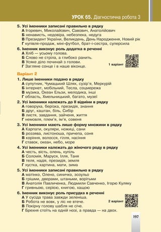 197
5. Óñ³ ³ìåííèêè çàïèñàí³ ïðàâèëüíî â ðÿäêó
À ²ãîðåâè÷, Ìèêîëàéîâè÷, Ñàâîâè÷, Àíàòîë³éîâè÷
Á íåíàâèñòü, íåäîâ³ðà, íåáåçïåêà, íåäóãà
Â Ïðåçèäåíò Óêðà¿íè, Âåëèêäåíü, Äåíü Íàðîäæåííÿ, Íîâèé ð³ê
Ã êóï³âëÿ-ïðîäàæ, ì³í³-ôóòáîë, áðàò-³-ñåñòðà, ñóïåðñèëà
6. ²ìåííèê âèêîíóº ðîëü äîäàòêà â ðå÷åíí³
À Õë³á — óñüîìó ãîëîâà.
Á Ñëîâî íå ñòð³ëà, à ãëèáîêî ðàíèòü.
Â Óñÿêå ä³ëî ïî÷èíàé ç ãîëîâè.
Ã Çàãëÿíå ñîíöå ³ â íàøå â³êîíöå.
Варіант 2
1. Ëèøå ³ìåííèêè ïîäàíî â ðÿäêó
À ñóïóòíèê, ×óìàöüêèé Øëÿõ, ñóç³ð’ÿ, Ìåðêóð³é
Á ³íòåðíåò, ìîá³ëüíèé, Òåñëà, ñîöìåðåæà
Â ìóçèêà, Îêåàí Åëüçè, ìåëîäèêà, ³íø³
Ã îáëàñòü, Õìåëüíèöüêèé, áàãàòî, ìóçå¿
2. Óñ³ ³ìåííèêè íàëåæàòü äî ²² â³äì³íè â ðÿäêó
À ãîâîðóõà, áåð³çêà, ïðåçèä³ÿ, çíàííÿ
Á äðóã, êàøòàí, á³ëü, Ñèá³ð
Â ëèñòÿ, çàâäàííÿ, çàé÷åíÿ, æèòòÿ
Ã íåìîâëÿ, ïëåì’ÿ, ³ì’ÿ, ñîâåíÿ
3. Óñ³ ³ìåííèêè ìàþòü ëèøå ôîðìó ìíîæèíè â ðÿäêó
À Êàðïàòè, îêóëÿðè, íîæèö³, ñàíè
Á ðîççÿâà, ëèñòîíîøà, ïðè÷åïà, ñîíÿ
Â êîð³ííÿ, âîëîññÿ, ã³ëëÿ, íàñ³ííÿ
Ã ñòàâîê, îêåàí, íåáî, ìîðå
4. Óñ³ ³ìåííèêè íàëåæàòü äî æ³íî÷îãî ðîäó â ðÿäêó
À ÷åñòü, â³ñòü, îëåíü, êóï³ëü
Á Ñîëîì³ÿ, Ìàðóñÿ, ²ëëÿ, Òàíÿ
Â òåëÿ, íàä³ÿ, ïðåçèä³ÿ, çåìëÿ
Ã õóñòêà, êàðòèíà, ìàòè, çèìà
5. Óñ³ ³ìåííèêè çàïèñàí³ ïðàâèëüíî â ðÿäêó
À ìàò³íêî, Îëåíî, ñèíè÷êî, çîçóëüî
Á ãð³øìè, äâåðàìè, øòàíüìè, âîð³òüìè
Â Àíàòîë³ÿ Ïàâëè÷åíêà, Ëþäìèëè Ñàâ÷åíêî, ²ãîðþ Êóëÿêó
Ã ãðèâíüîþ, ñåð³ºþ, êíèãîþ, õàùîþ
6. ²ìåííèê âèêîíóº ðîëü ïðèñóäêà â ðå÷åíí³
À Ó ñóñ³äà òðàâà çàâæäè çåëåí³øà.
Á Ðîáîòà íå âîâê, ó ë³ñ íå âòå÷å.
Â Ïîê³ðíó ãîëîâó øàáëÿ íå ñ³÷å.
Ã Áðåõíÿ ñòî¿òü íà îäí³é íîç³, à ïðàâäà — íà äâîõ.
1 âàð³àíò
2 âàð³àíò
197
ÓÐÎÊ 65. Ä³àãíîñòè÷íà ðîáîòà 3
 
