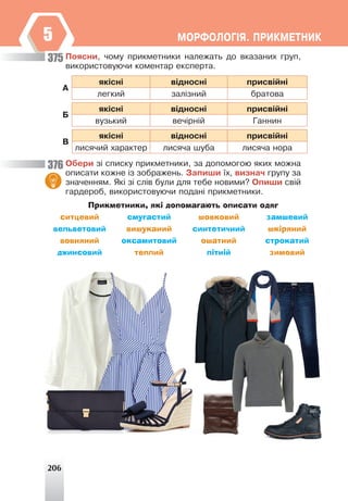 206
ÌÎÐÔÎËÎÃ²ß. ÏÐÈÊÌÅÒÍÈÊ
5
Ïîÿñíè, ÷îìó ïðèêìåòíèêè íàëåæàòü äî âêàçàíèõ ãðóï,
âèêîðèñòîâóþ÷è êîìåíòàð åêñïåðòà.
À
ÿê³ñí³ â³äíîñí³ ïðèñâ³éí³
ëåãêèé çàë³çíèé áðàòîâà
Á
ÿê³ñí³ â³äíîñí³ ïðèñâ³éí³
âóçüêèé âå÷³ðí³é Ãàííèí
Â
ÿê³ñí³ â³äíîñí³ ïðèñâ³éí³
ëèñÿ÷èé õàðàêòåð ëèñÿ÷à øóáà ëèñÿ÷à íîðà
Îáåðè ç³ ñïèñêó ïðèêìåòíèêè, çà äîïîìîãîþ ÿêèõ ìîæíà
îïèñàòè êîæíå ³ç çîáðàæåíü. Çàïèøè ¿õ, âèçíà÷ ãðóïó çà
çíà÷åííÿì. ßê³ ç³ ñë³â áóëè äëÿ òåáå íîâèìè? Îïèøè ñâ³é
ãàðäåðîá, âèêîðèñòîâóþ÷è ïîäàí³ ïðèêìåòíèêè.
Прикметники, які допомагають описати одяг
ситцевий смугастий шовковий замшевий
вельветовий вишуканий синтетичний шкіряний
вовняний оксамитовий ошатний строкатий
джинсовий теплий літній зимовий
375
376
 