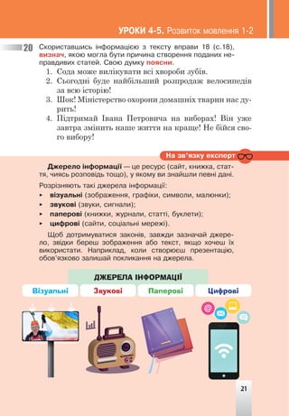 Ñêîðèñòàâøèñü ³íôîðìàö³ºþ ç òåêñòó âïðàâè 18 (ñ.18),
âèçíà÷, ÿêîþ ìîãëà áóòè ïðè÷èíà ñòâîðåííÿ ïîäàíèõ íå-
ïðàâäèâèõ ñòàòåé. Ñâîþ äóìêó ïîÿñíè.
1. Сода може вилікувати всі хвороби зубів.
2. Сьогодні буде найбільший розпродаж велосипедів
за всю історію!
3. Шок! Міністерство охорони домашніх тварин нас ду-
рить!
4. Підтримай Івана Петровича на виборах! Він уже
завтра змінить наше життя на краще! Не бійся сво-
го вибору!
20
Íà çâ’ÿçêó åêñïåðò
Äæåðåëî ³íôîðìàö³¿ — öå ðåñóðñ (ñàéò, êíèæêà, ñòàò-
òÿ, ÷èÿñü ðîçïîâ³äü òîùî), ó ÿêîìó âè çíàéøëè ïåâí³ äàí³.
Ðîçð³çíÿþòü òàê³ äæåðåëà ³íôîðìàö³¿:
► â³çóàëüí³ (çîáðàæåííÿ, ãðàô³êè, ñèìâîëè, ìàëþíêè);
► çâóêîâ³ (çâóêè, ñèãíàëè);
► ïàïåðîâ³ (êíèæêè, æóðíàëè, ñòàòò³, áóêëåòè);
► öèôðîâ³ (ñàéòè, ñîö³àëüí³ ìåðåæ³).
Ùîá äîòðèìóâàòèñÿ çàêîí³â, çàâæäè çàçíà÷àé äæåðå-
ëî, çâ³äêè áåðåø çîáðàæåííÿ àáî òåêñò, ÿêùî õî÷åø ¿õ
âèêîðèñòàòè. Íàïðèêëàä, êîëè ñòâîðþºø ïðåçåíòàö³þ,
îáîâ’ÿçêîâî çàëèøàé ïîêëèêàííÿ íà äæåðåëà.
21
ДЖЕРЕЛА ІНФОРМАЦІЇ
Візуальні Звукові Паперові Цифрові
ÓÐÎÊÈ 4-5. Ðîçâèòîê ìîâëåííÿ 1-2
 