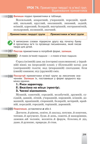 219
Âèïèøè ïîäàí³ ïðèêìåòíèêè â òàáëèöþ.
Всесильний, апаратний, учорашній, передній, край-
ній, пильний, круглий, околишній, липовий, задній,
осінній, адресний, безкраїй, внутрішній, екстрановітній,
кольоровий, колишній, значний.
Ïðèêìåòíèêè òâåðäî¿ ãðóïè Ïðèêìåòíèêè ì’ÿêî¿ ãðóïè
Ó âèïèñàíèõ ñëîâàõ ï³äêðåñëè äðóãó â³ä ïî÷àòêó áóêâó
é ïðî÷èòàºø ³ì’ÿ òà ïð³çâèùå ïèñüìåííèêà, ÿêèé ïèñàâ
òâîðè äëÿ ä³òåé.
Ïîñòàâ ïðèêìåòíèêè â ïîòð³áí³é ôîðì³, çàïèøè.
Серед (осінній) дня; на (сестрин) капелюшкові; у (край-
ній) вікні; на (передній) плані; у (біленькій) хатці; для
(завтрашній) газети; над (вчорашній) спогадами; біля
(синій) книжки; під (дружній) сміх.
Ïîñîðòóé ïðèêìåòíèêè ì’ÿêî¿ ãðóïè çà ëåêñè÷íèì çíà-
÷åííÿì. Çàïèøè ¿õ, ïîñòàâèâøè ó ôîðì³ îðóäíîãî â³ä-
ì³íêà îäíèíè.
1. Риси характеру.
2. Вказівка на місце (простір).
3. Часові відношення.
Мужній, самотній, середній, незабутній, дружній, су-
сідній, давній, літній, учорашній, порожній, осінній, до-
машній, вранішній, сторонній, безкраїй, вечірній, край-
ній, передній, городній, торішній, дорожній.
Ïåðåïèøè, óñòàâëÿþ÷è è àáî ³.
Достатн..й рівень, освітн..й заклад, потужн..й поштовх,
тотожн..й аргумент, будн..й день, самотн..й мандрівник,
заможн..ий чоловік, всесвітн..й форум, білолиц..й дід,
давн..й рукопис, природн..й стан.
396
397
398
399
Ç-ïîì³æ (ì’ÿêèé) ïîäóøîê — ç-ïîì³æ ì’ÿêèõ ïîäóøîê.
Çðàçîê
ÓÐÎÊ 74. Ïðèêìåòíèêè òâåðäî¿ òà ì’ÿêî¿ ãðóï.
Â³äì³íþâàííÿ ïðèêìåòíèê³â
 