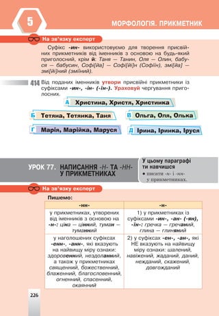 ÌÎÐÔÎËÎÃ²ß. ÏÐÈÊÌÅÒÍÈÊ
5
Íà çâ’ÿçêó åêñïåðò
Ïèøåìî:
-íí- -í-
ó ïðèêìåòíèêàõ, óòâîðåíèõ
â³ä ³ìåííèê³â ç îñíîâîþ íà
-í-: ö³íà — ö³ííèé, òóìàí —
òóìàííèé
1) ó ïðèêìåòíèêàõ ³ç
ñóô³êñàìè -èí-, -àí- (-ÿí),
-¿í-: ãðå÷êà — ãðå÷àíèé,
ãëèíà — ãëèíÿíèé
ó íàãîëîøåíèõ ñóô³êñàõ
-åíí-, -àíí-, ÿê³ âêàçóþòü
íà íàéâèùó ì³ðó îçíàêè:
çäîðîâåííèé, íåçäîëàííèé,
à òàêîæ ó ïðèêìåòíèêàõ
ñâÿùåííèé, áîæåñòâåííèé,
áëàæåííèé, áëàãîñëîâåííèé,
îãíåííèé, ñïàñåííèé,
îêàÿííèé
2) ó ñóô³êñàõ -åí-, -àí-, ÿê³
ÍÅ âêàçóþòü íà íàéâèùó
ì³ðó îçíàêè: øàëåíèé,
íàâ³æåíèé, æàäàíèé, äàíèé,
íåæäàíèé, ñêàæåíèé,
äîâãîæäàíèé
Íà çâ’ÿçêó åêñïåðò
Ñóô³êñ -èí- âèêîðèñòîâóºìî äëÿ òâîðåííÿ ïðèñâ³é-
íèõ ïðèêìåòíèê³â â³ä ³ìåííèê³â ç îñíîâîþ íà áóäü-ÿêèé
ïðèãîëîñíèé, êð³ì é: Òàíÿ — Òàíèí, Îëÿ — Îëèí, áàáó-
ñÿ — áàáóñèí, Ñîô³[éà] — Ñîô³[é³]í (Ñîô³¿í), çì³[éà] —
çì³[é³]íèé (çì³¿íèé).
Â³ä ïîäàíèõ ³ìåííèê³â óòâîðè ïðèñâ³éí³ ïðèêìåòíèêè ³ç
ñóô³êñàìè -èí-, -³í- (-¿í-). Óðàõîâóé ÷åðãóâàííÿ ïðèãî-
ëîñíèõ.
Христина, Христя, Христинка
Марія, Марійка, Маруся
Тетяна, Тетянка, Таня
Ірина, Іринка, Іруся
Ольга, Оля, Олька
А
Г
Б
Д
В
414
ÓÐÎÊ 77. ÍÀÏÈÑÀÍÍß -Í- ÒÀ -ÍÍ-
Ó ÏÐÈÊÌÅÒÍÈÊÀÕ
Ó öüîìó ïàðàãðàô³
òè íàâ÷èøñÿ
● писати -н- і -нн-
у прикметниках.
226
 